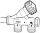 Schemazeichnung einer Heizkörperventilgruppe von IMI Hydronic Engineering mit einem Stellrad und zwei Anschlussgewinden für Wasserleitungen.